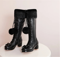 Lace-up PU knee boots with plush lining