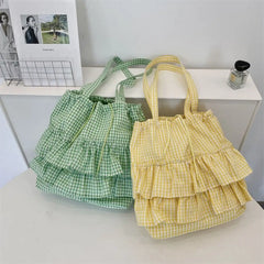 Large capacity green and yellow checkered tote with ruched straps