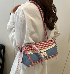 Large capacity denim tote with feminine lace detail