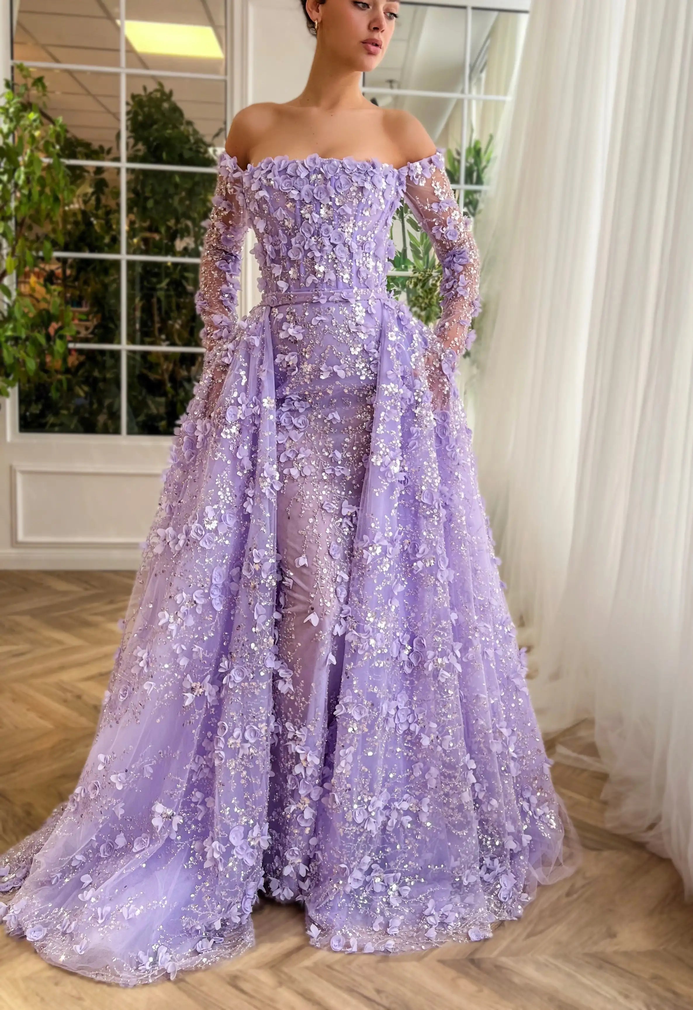 Lavender 3D floral applique mermaid evening gown with overskirt