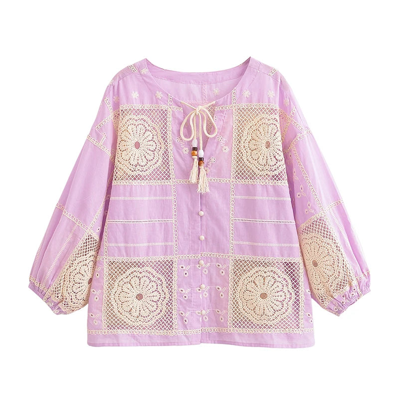 Lavender lace patchwork blouse styled for boho autumn outfits