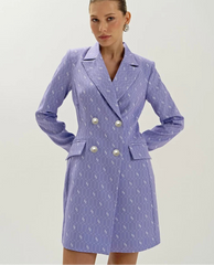 Lavender printed blazer mini dress styled as sharp city outerwear