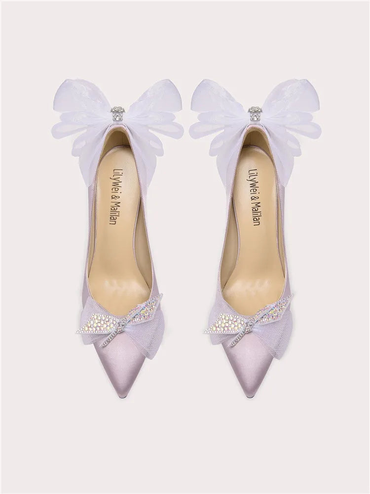Lavender white bow party heels with flower embellishments