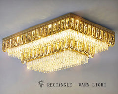 Layered flush ceiling chandelier sparkling above a designer room