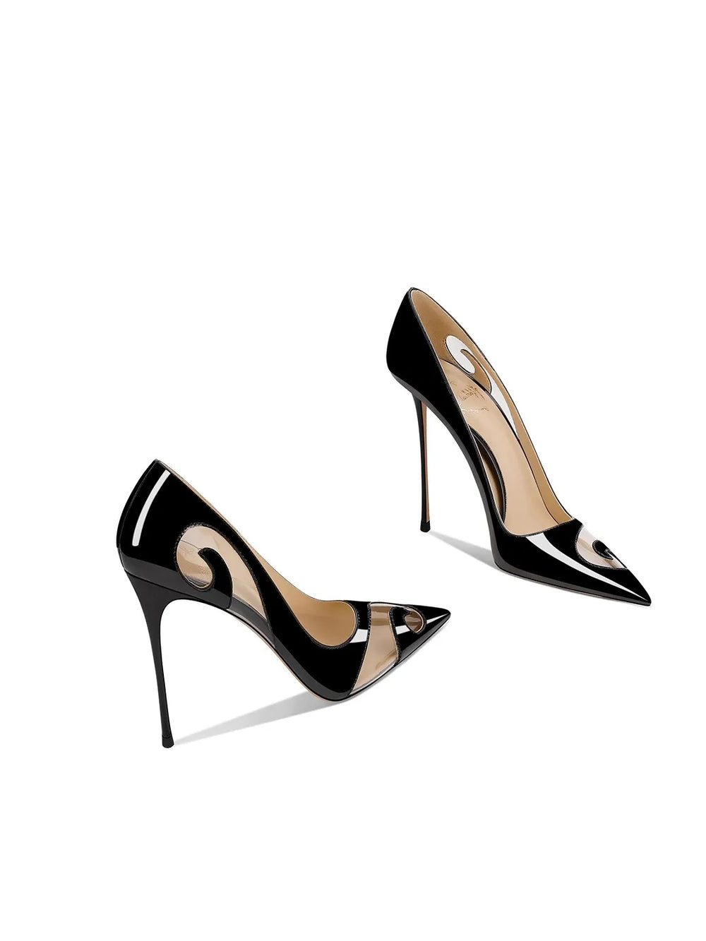 Leather pointed stiletto party pumps with metallic swirl design