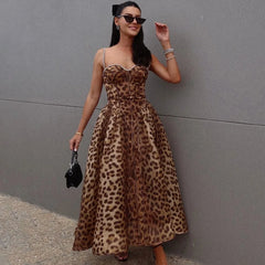 Leopard crystal midi dress with strapless cami neckline for summer