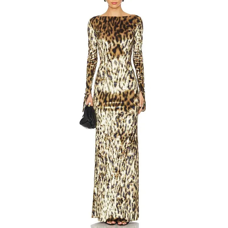 Leopard print slim maxi dress styled for autumn events