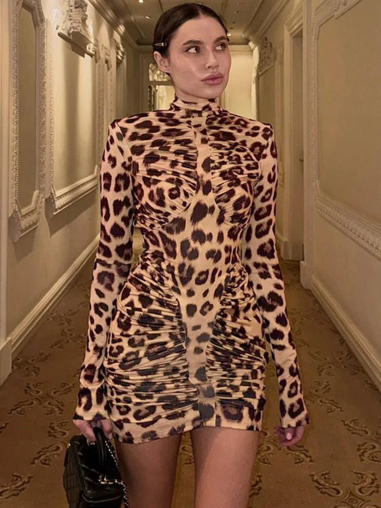Leopard ruched mini dress with backless and turtleneck design