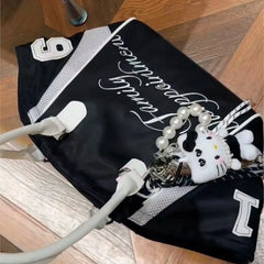 Casual Y2K style letter embroidered tote in black nylon

