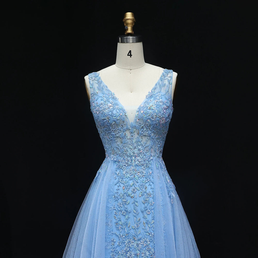 Full-length view of embellished A-line evening gown with clean hem