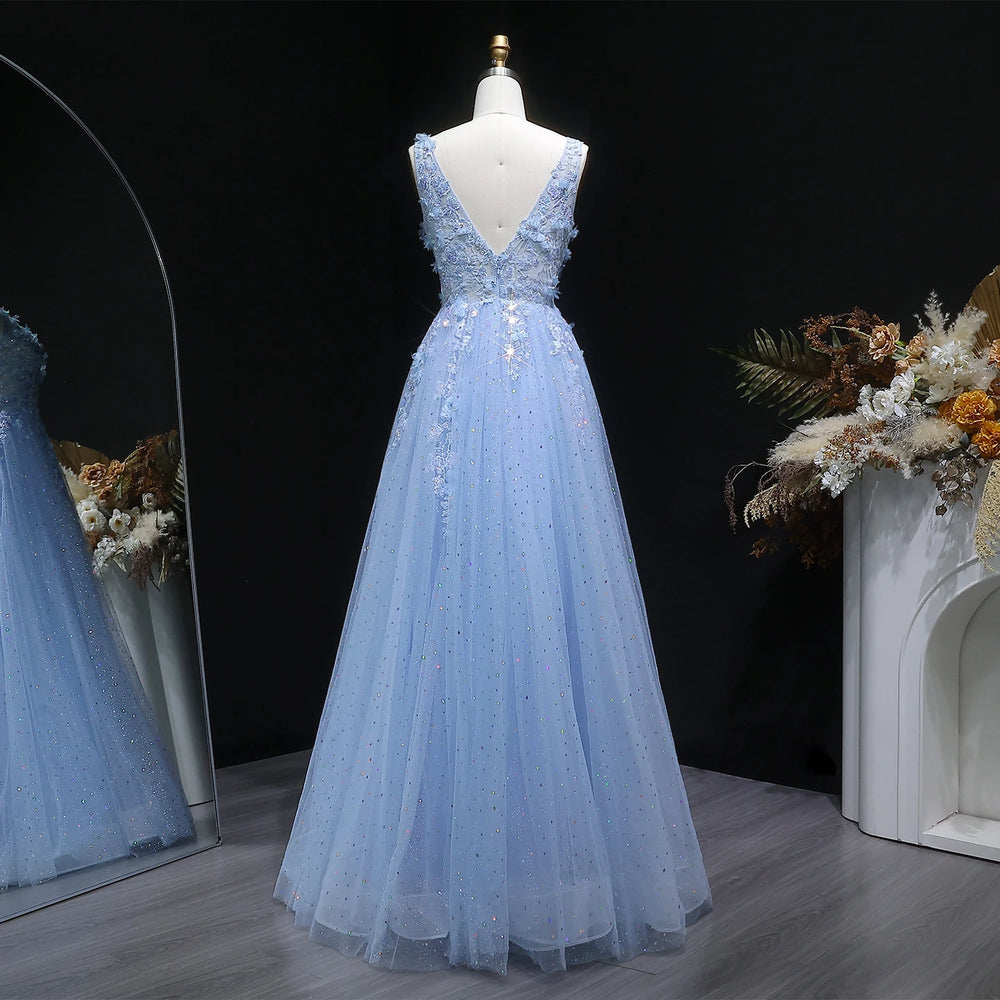 Close-up of the appliqué bodice detail on a sleeveless prom dress