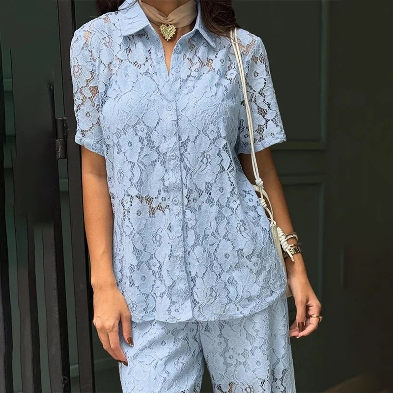Light blue hollow-out lace co-ord set with relaxed wide-leg pants
