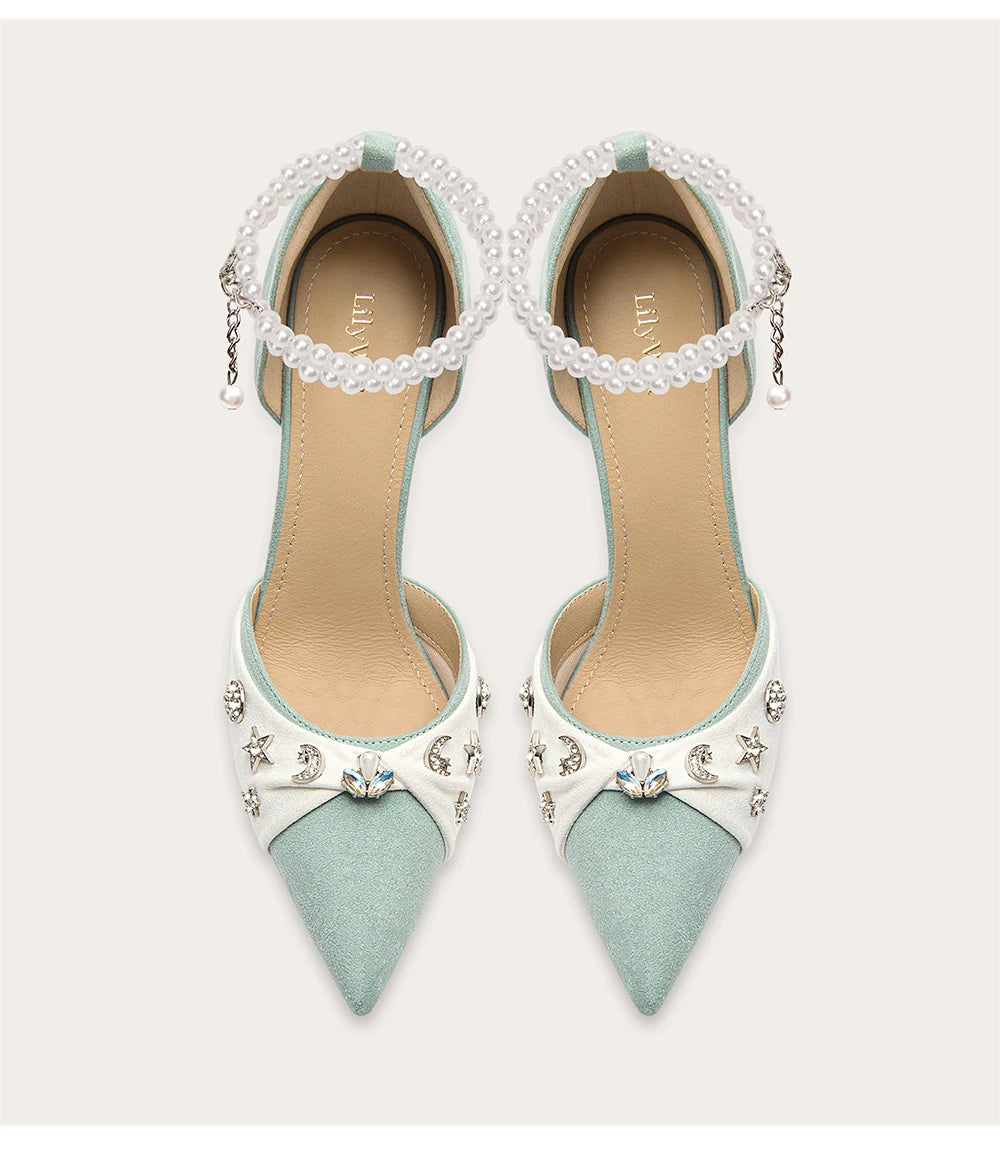 Light blue pearl party heels styled for evening events and celebrations