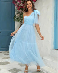 Elegant ruffle mesh princess style gown with knotted strap