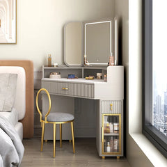 Light-luxury corner vanity showing drawers and open cubbies