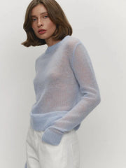 Open-knit sweater top in a soft blue-gray tone with regular length fit
