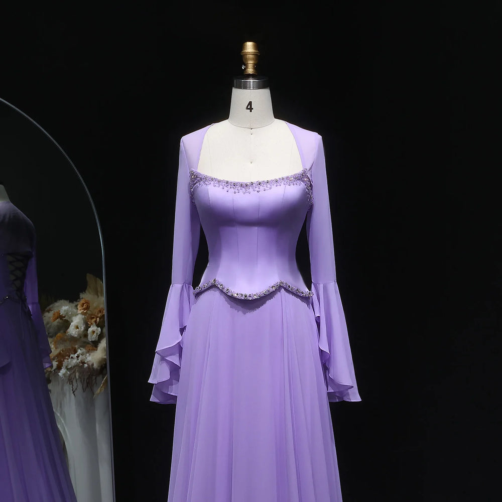 Close view of beading and sequin accents along square neckline