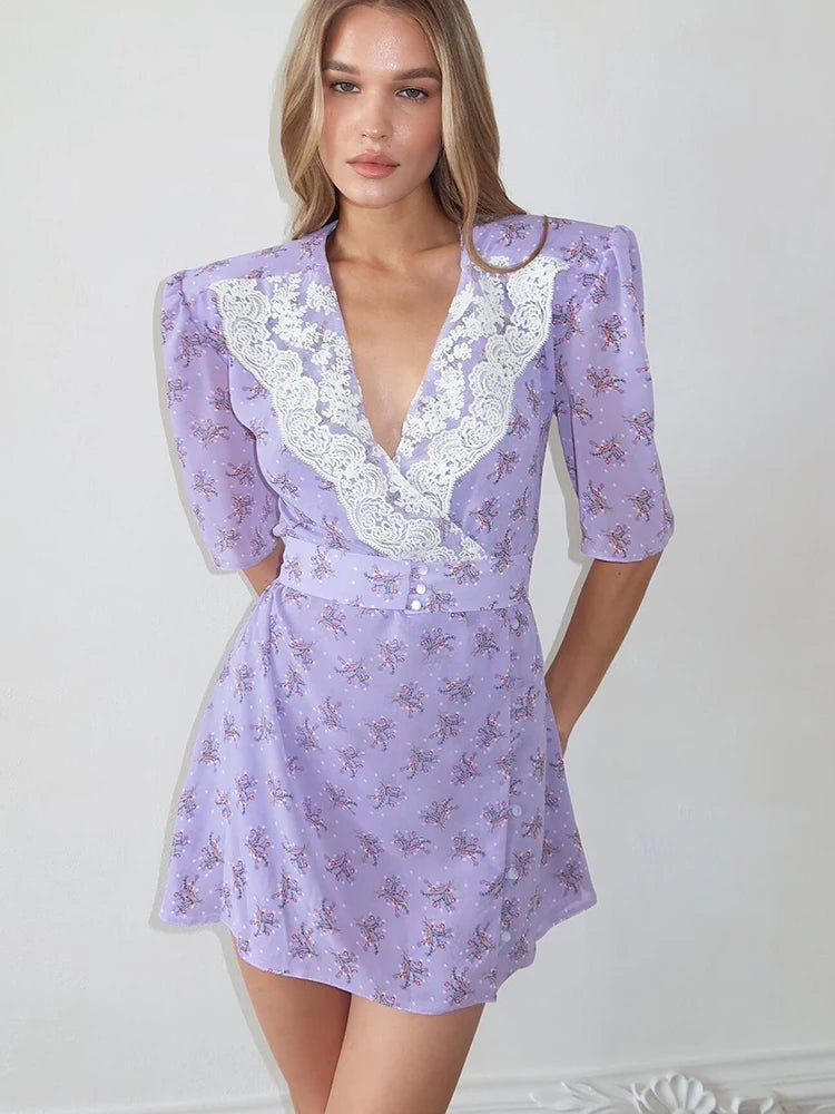 Lilac lace trim mini dress styled for European-inspired summer looks