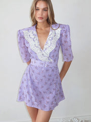 Lilac lace trim mini dress styled for European-inspired summer looks