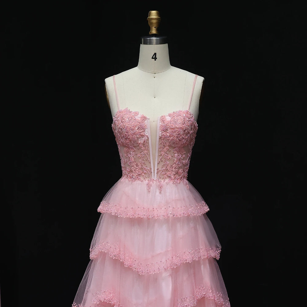 Pink layered tulle A-line evening gown with tiered skirt