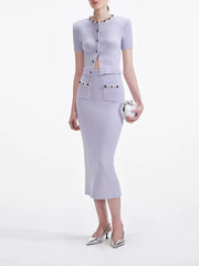 Two-piece set with short sleeve top and mid-calf skirt