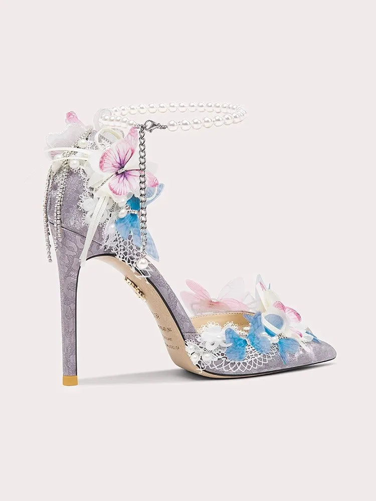Lolita heels with pearl strap and multi-color floral details