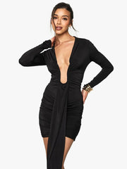 Long sleeve black party dress with draped front detail