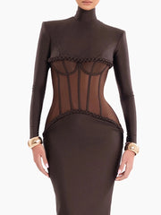 Brown long-sleeve top with sheer mesh design on a white background