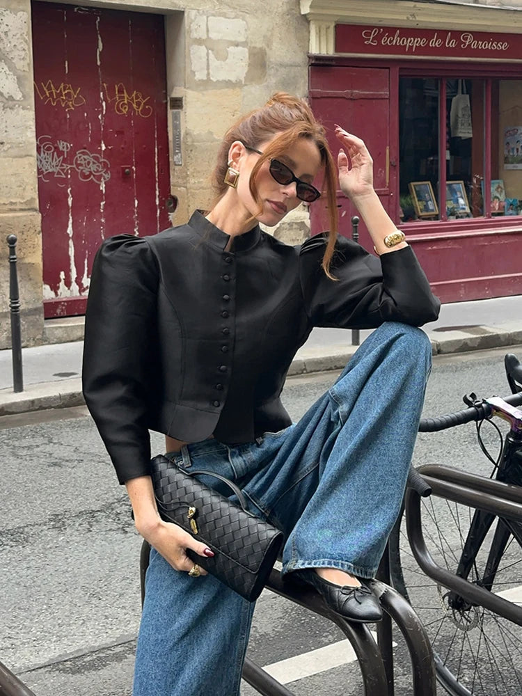 Long sleeve cropped jacket top with a refined high neckline