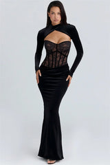 Full-length view capturing the sculpted lace upper body and slim, floor-length silhouette as the model stands confidently.