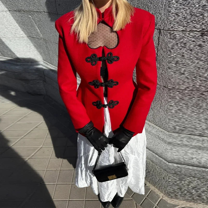 Structured frog-button jacket styled with denim for a polished look