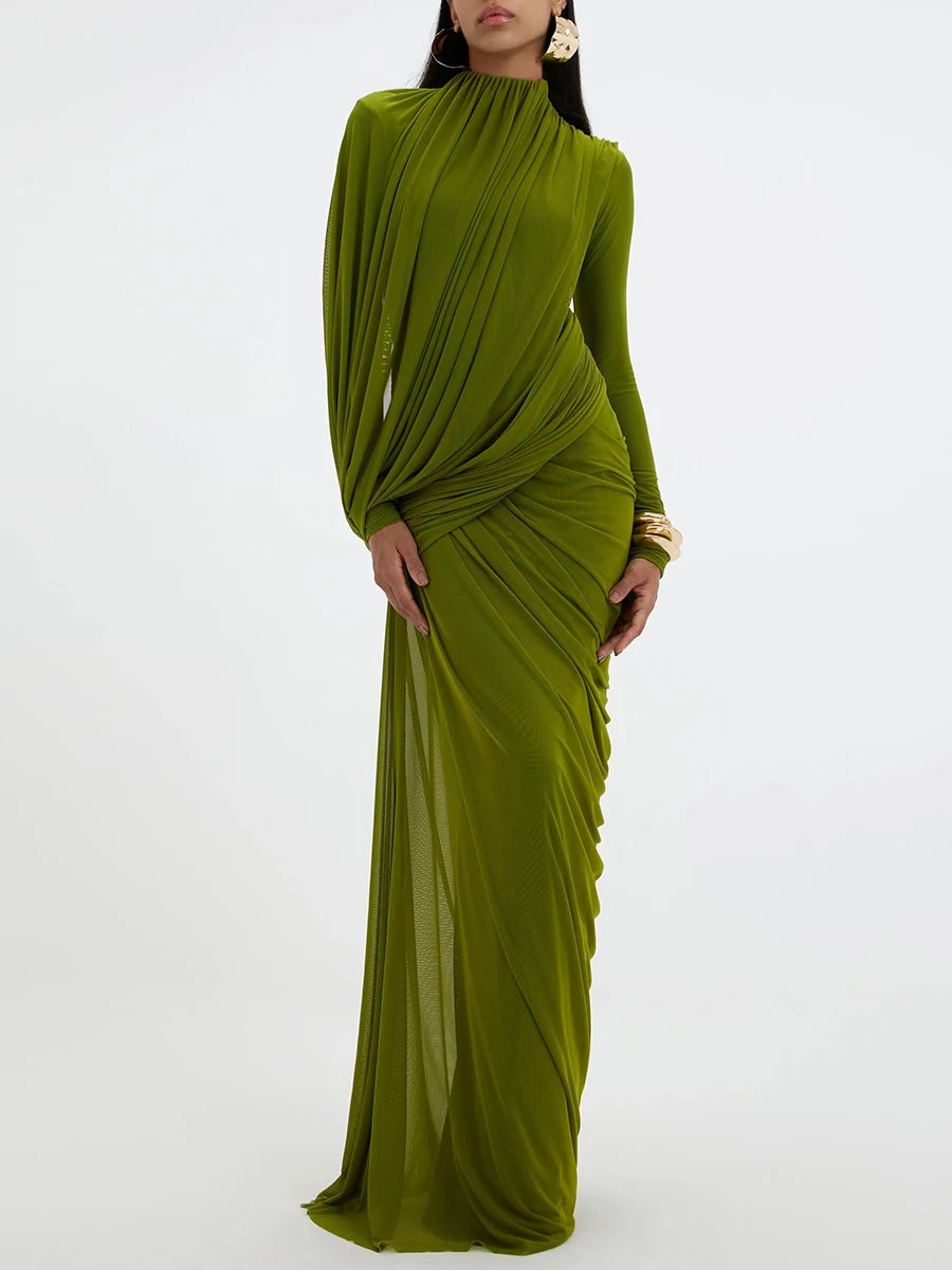 Draped long sleeve evening maxi dress in green on a white background