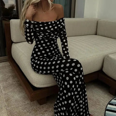 Elegant black and white polka dot evening gown