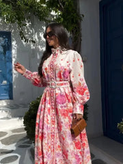 Floor-length floral dress with waist belt and stand collar