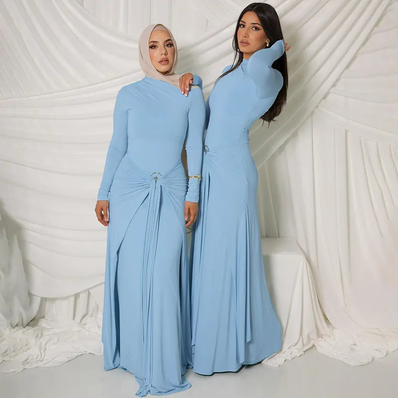 Long sleeve ruched ankle length club dress in light blue