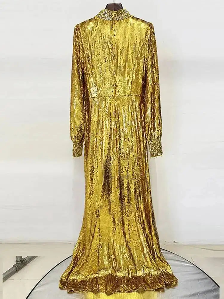 Long sleeve stand collar gown with luminous textured surface