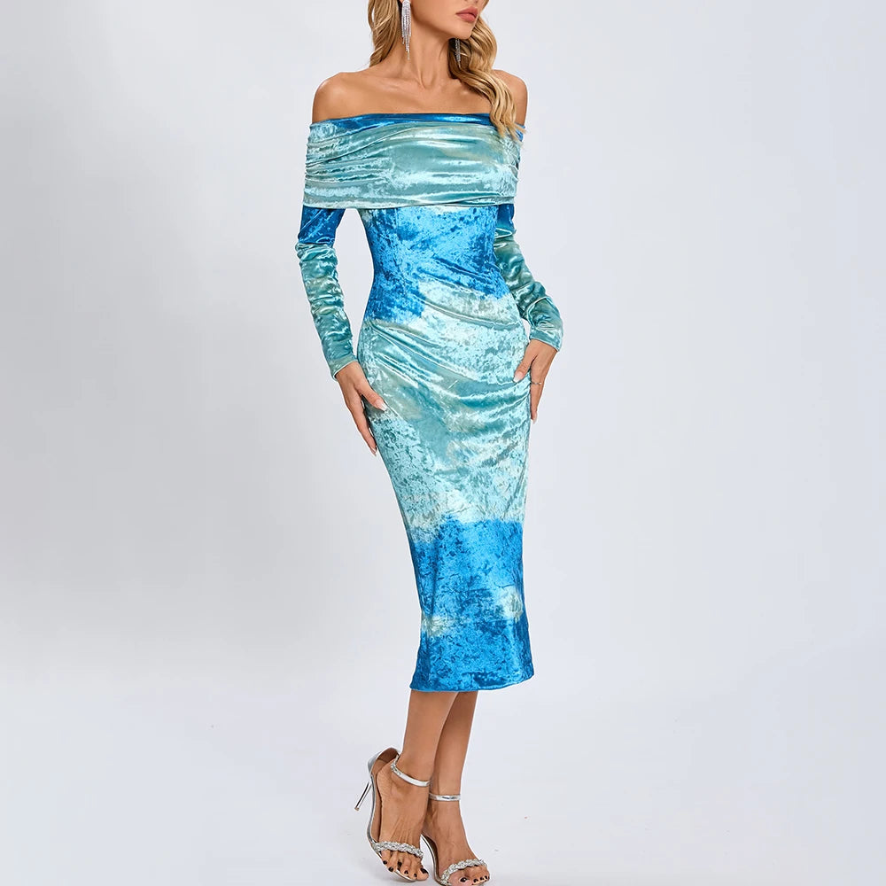 Long sleeve tie dye midi dress shown styled for women’s events
