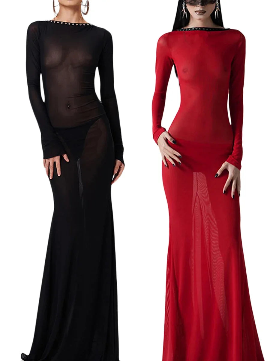 Black and Red long-sleeve transparent lace-up maxi dress styled for a spring event on a white background.