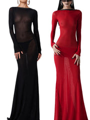 Black and Red long-sleeve transparent lace-up maxi dress styled for a spring event on a white background.