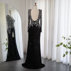 A full-length shot of the elegant evening dress, highlighting the high side slit.