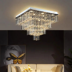 Luxe surface-mount crystal light illuminating a dining area