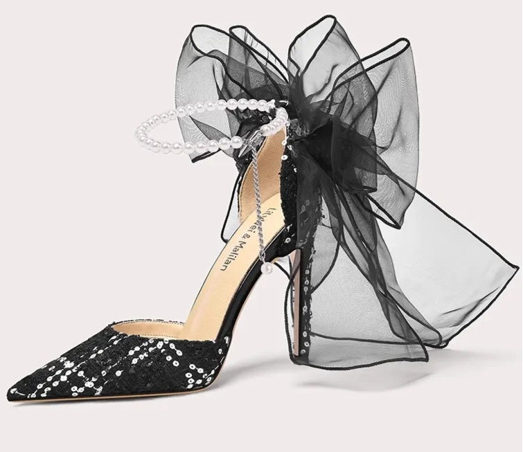 Luxury prom black sandals with oversized sheer bows and hand-set pearls