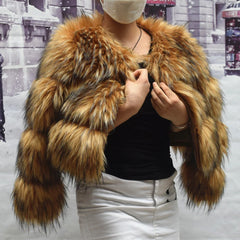 Women’s cropped plush faux fur coat in brown