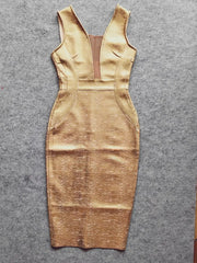 Luxury gold midi dress photographed to showcase the bold silhouette for special occasions


