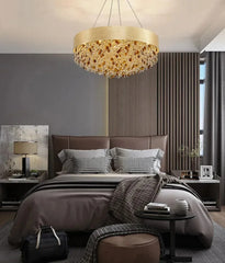 Luxury gold modern pendant light glowing in a contemporary lounge