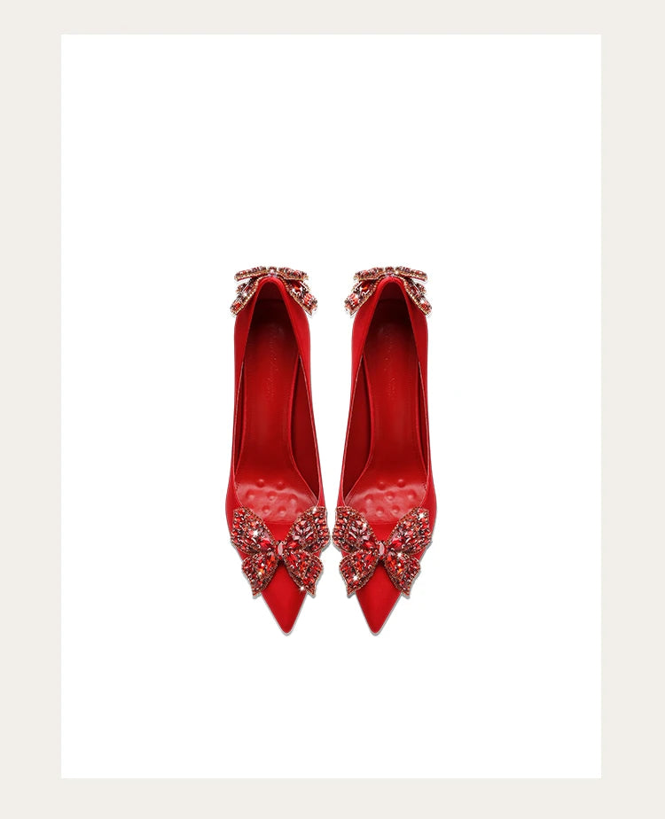 Luxury handmade red party heels with pointed toe and thin heel