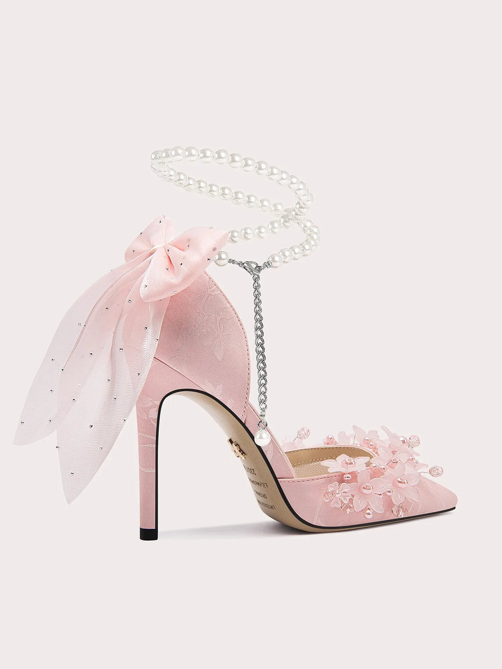 Pearl and ribbon bow party sandals with thin heel