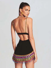 High-stretch black evening dress with beaded detailing