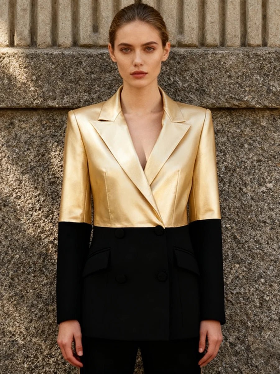 Tailored gold upper and black lower blazer styled for evening