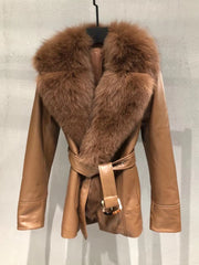 Genuine leather coat with plush fox fur collar